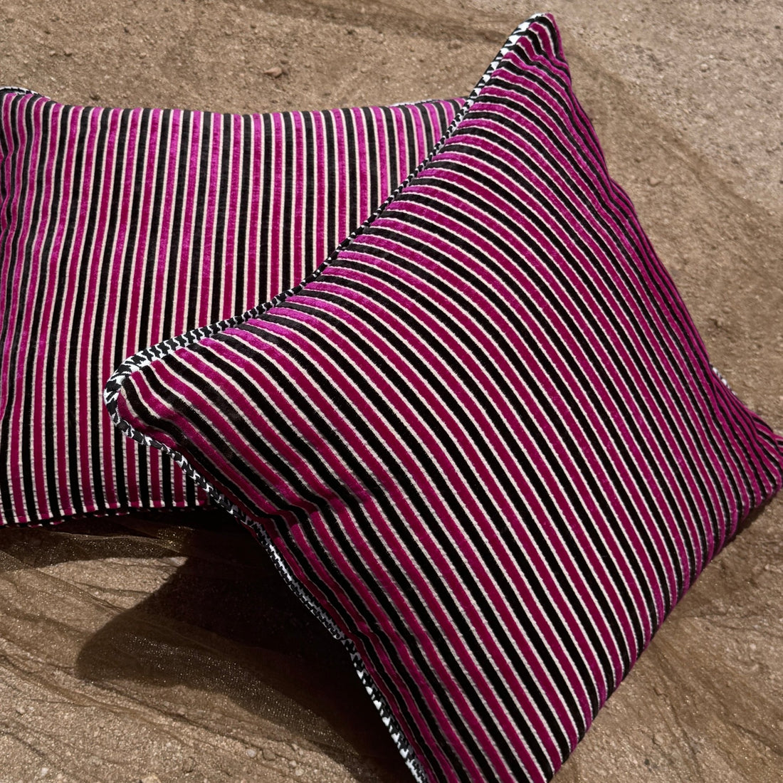 Deadstock Vintage Pink & Black Striped Velvet Throw Pillow Set - Monte Visión