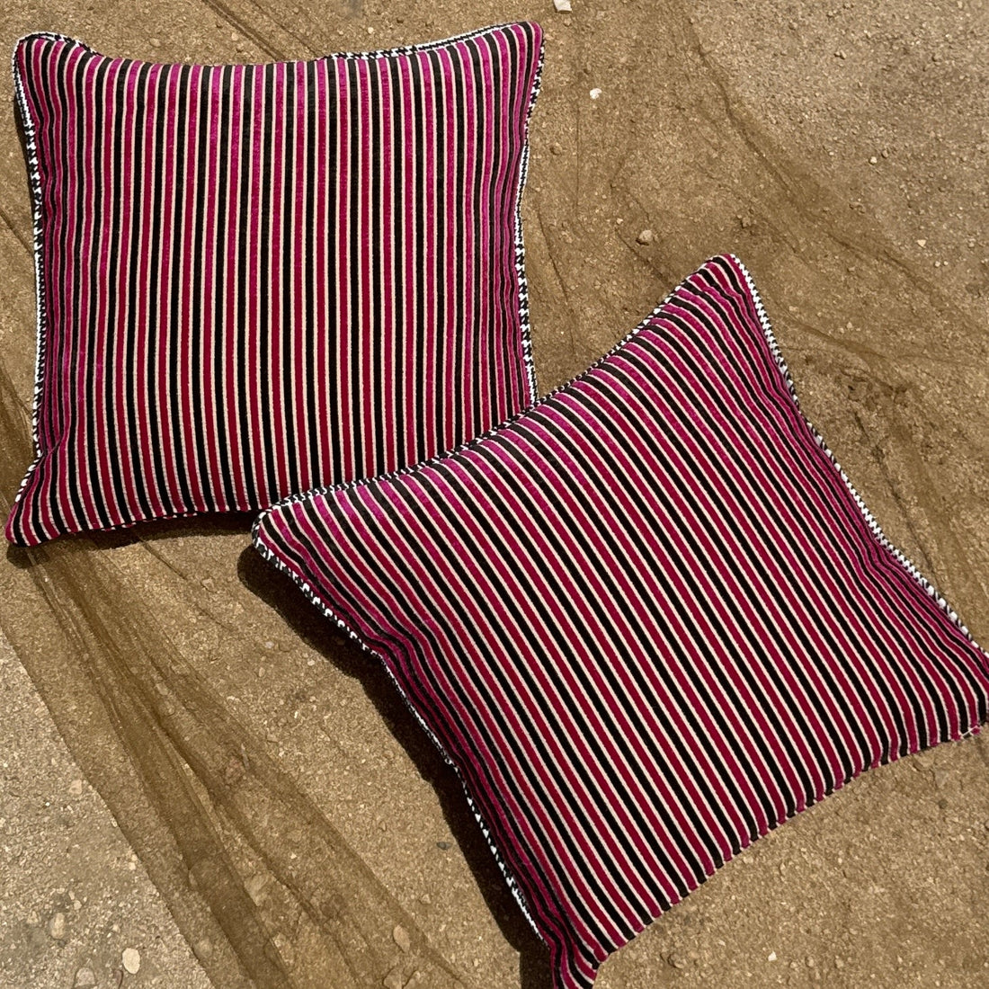 Deadstock Vintage Pink & Black Striped Velvet Throw Pillow Set - Monte Visión