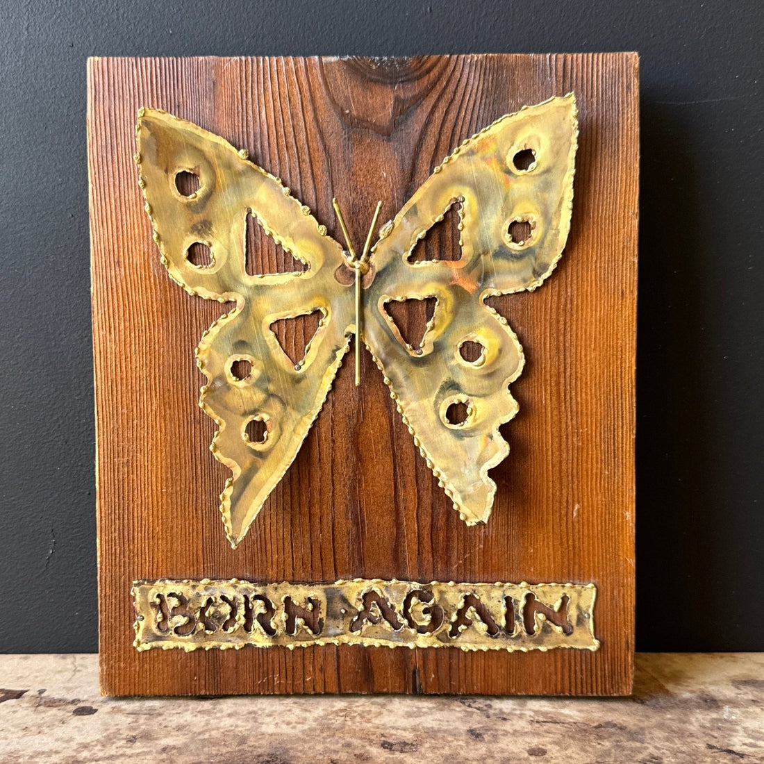 1970's Wood & Brass "Born Again" Butterfly Wall Art - Monte Visión