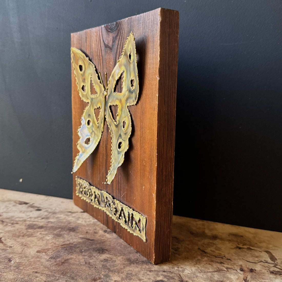 1970's Wood & Brass "Born Again" Butterfly Wall Art - Monte Visión