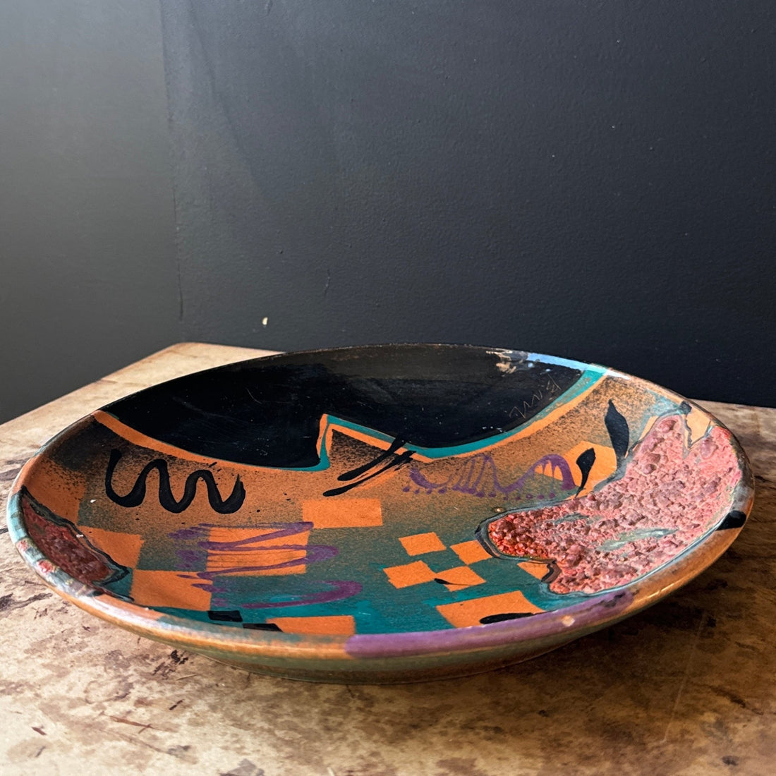 1980's Artist-Made Teal & Orange Decorative Plate - Monte Visión