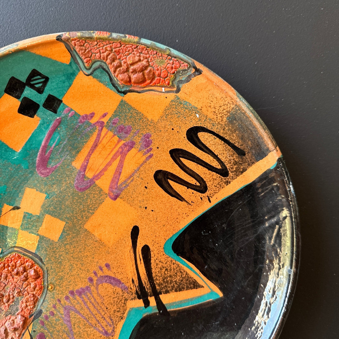 1980's Artist-Made Teal & Orange Decorative Plate - Monte Visión