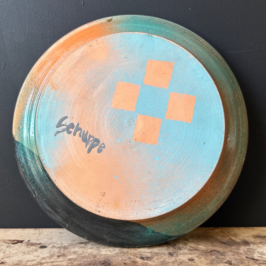 1980's Artist-Made Teal & Orange Decorative Plate - Monte Visión