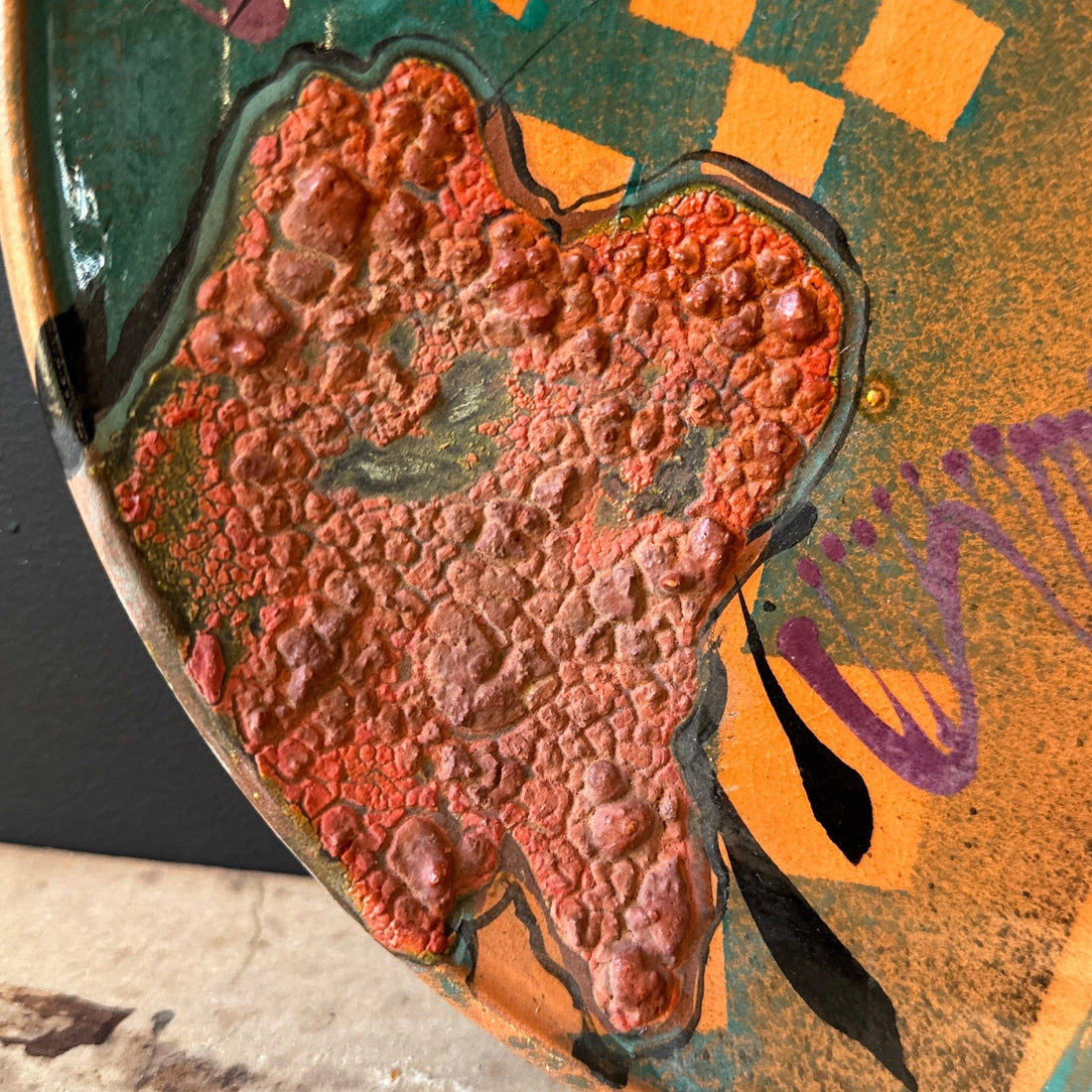 1980's Artist-Made Teal & Orange Decorative Plate - Monte Visión