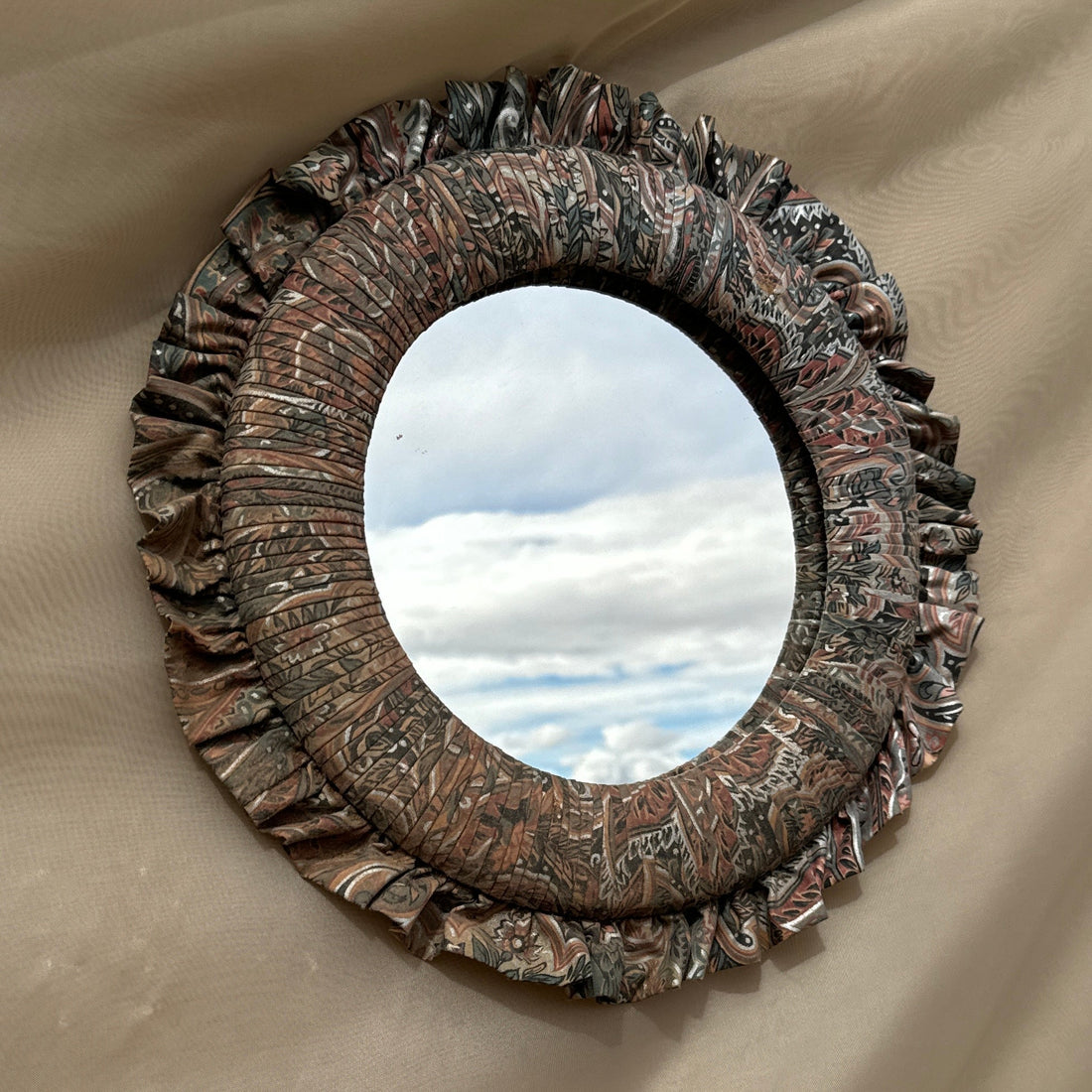 1980's Craft Fabric Round Ruffle Mirror - Monte Visión