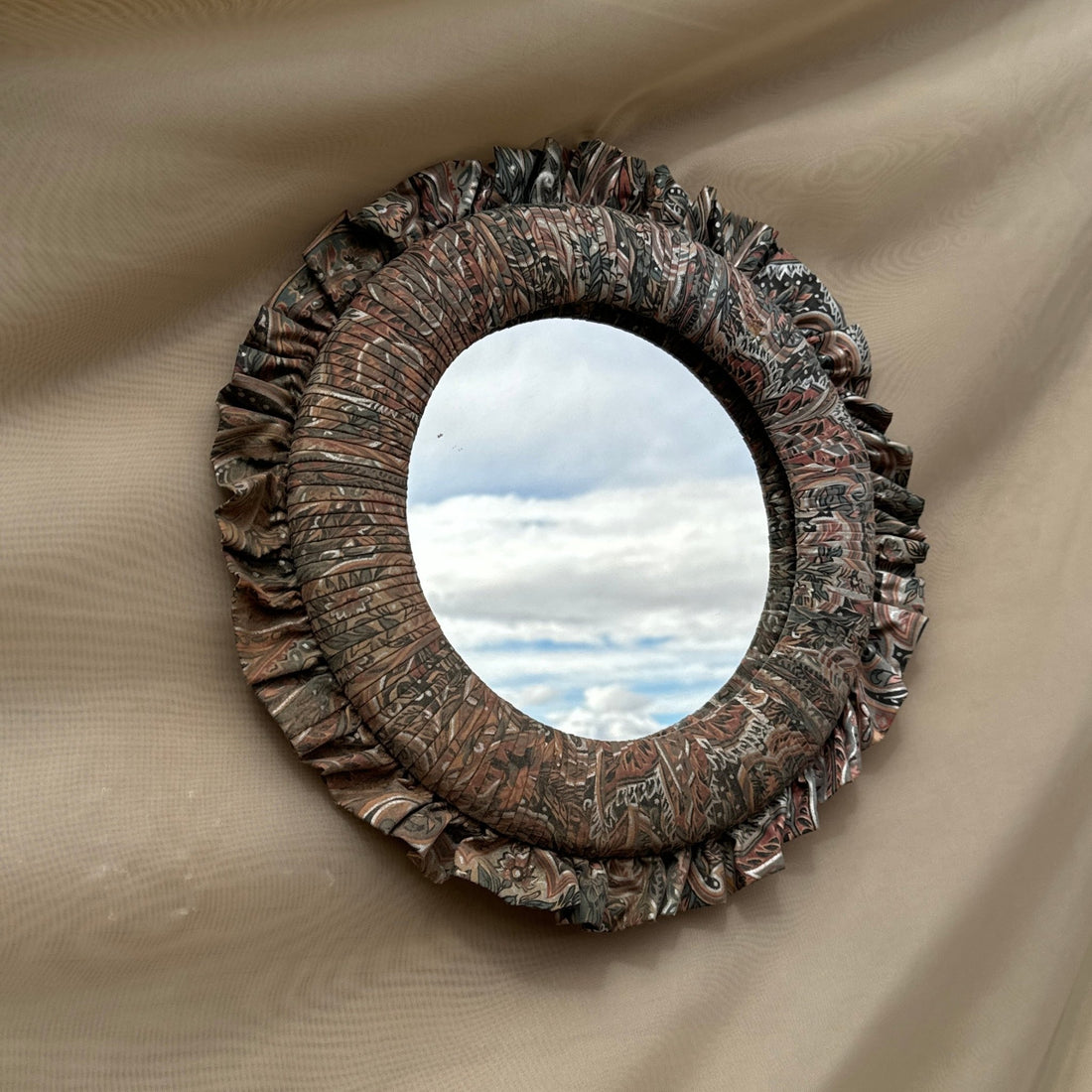 1980's Craft Fabric Round Ruffle Mirror - Monte Visión