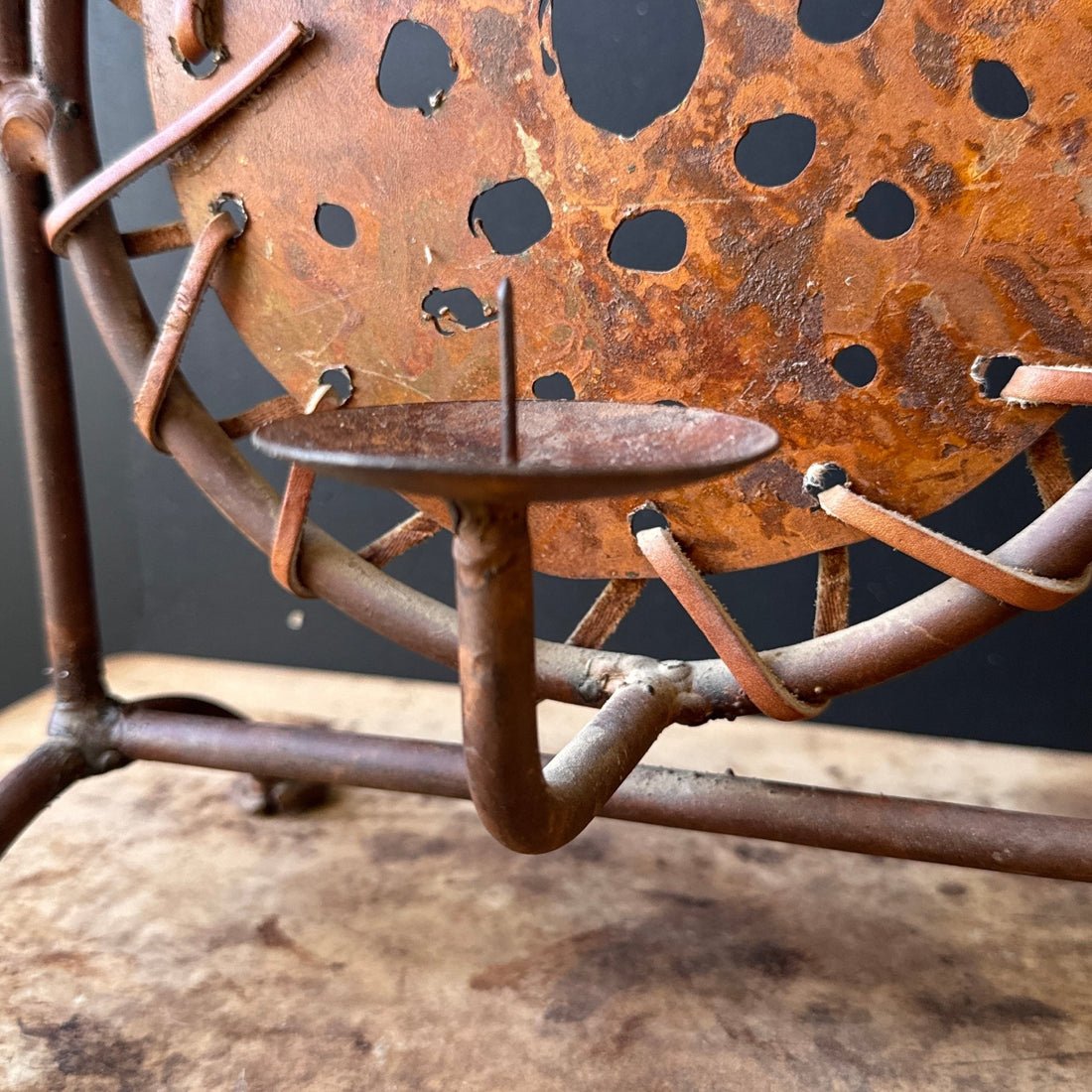 1980's Torch-Cut Steel & Leather Candle Stick - Monte Visión