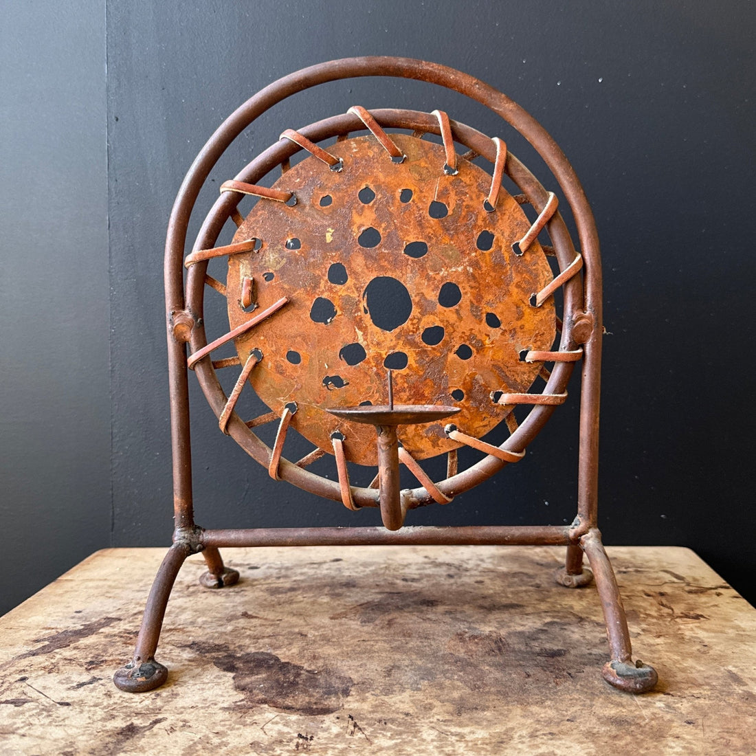 1980's Torch-Cut Steel & Leather Candle Stick - Monte Visión