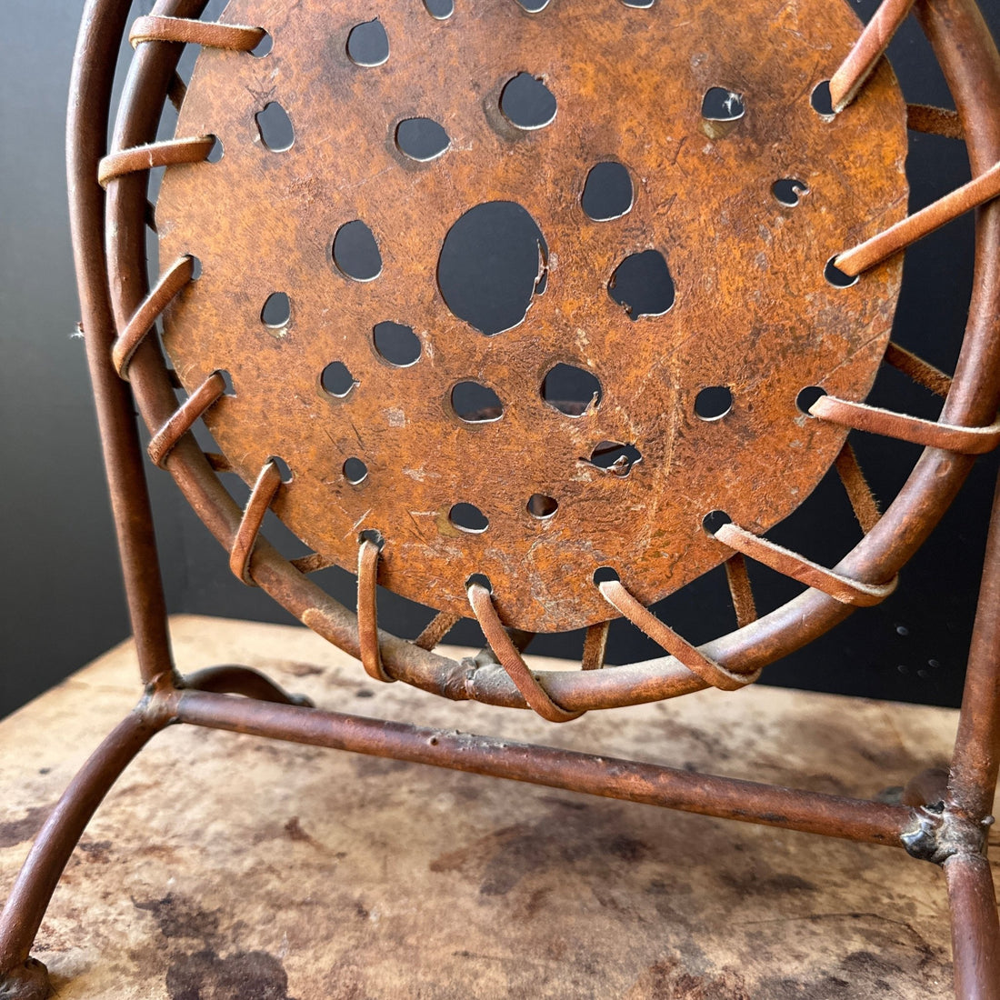 1980's Torch-Cut Steel & Leather Candle Stick - Monte Visión