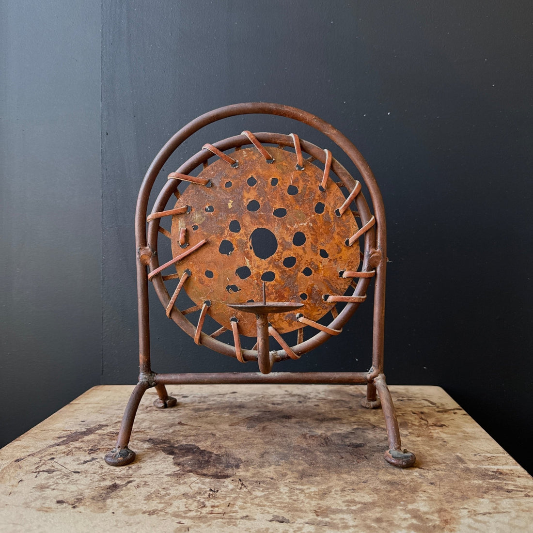 1980's Torch-Cut Steel & Leather Candle Stick - Monte Visión