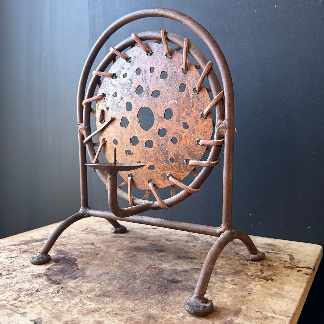 1980's Torch-Cut Steel & Leather Candle Stick - Monte Visión