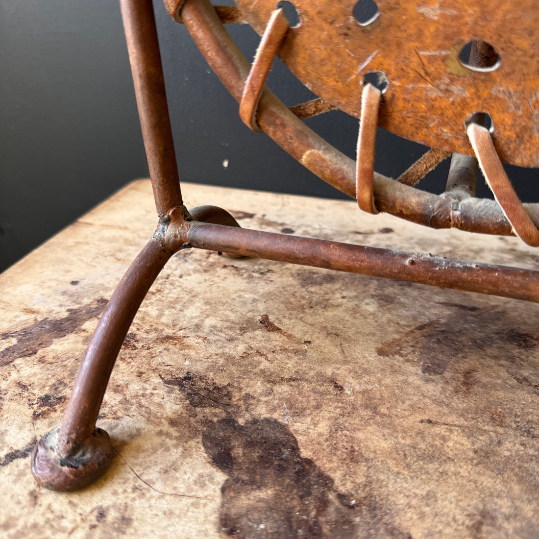 1980's Torch-Cut Steel & Leather Candle Stick - Monte Visión