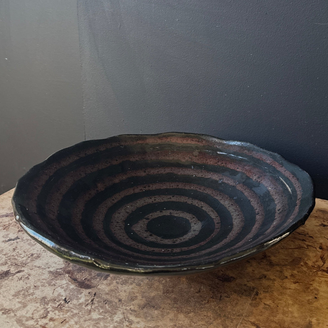 Artist-Made Concentric Circle Black & Brown Fruit Bowl or Catchall - Monte Visión