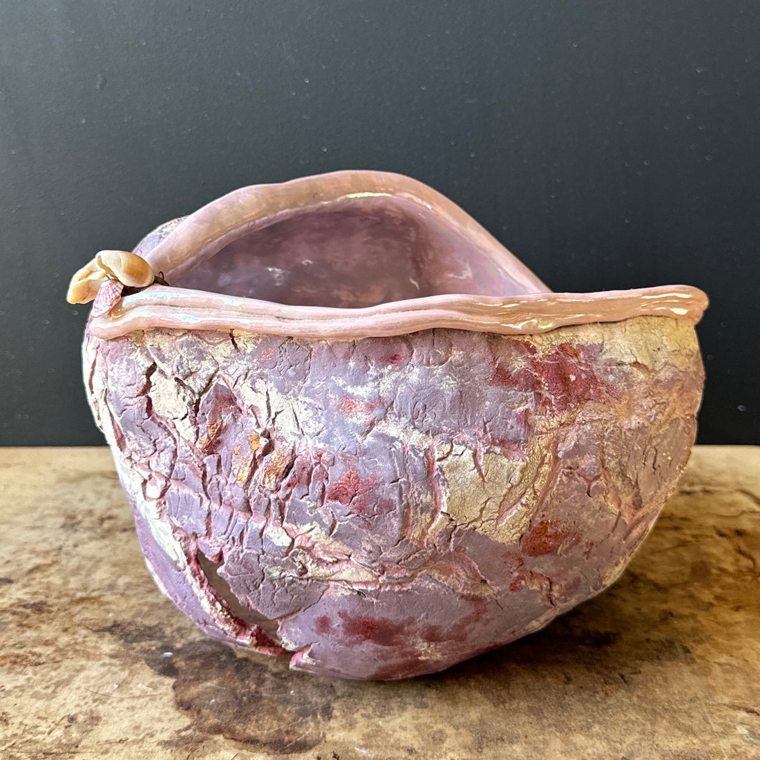 Artist-Made Free-Form Irredescent Purple Vesell With Shells - Monte Visión