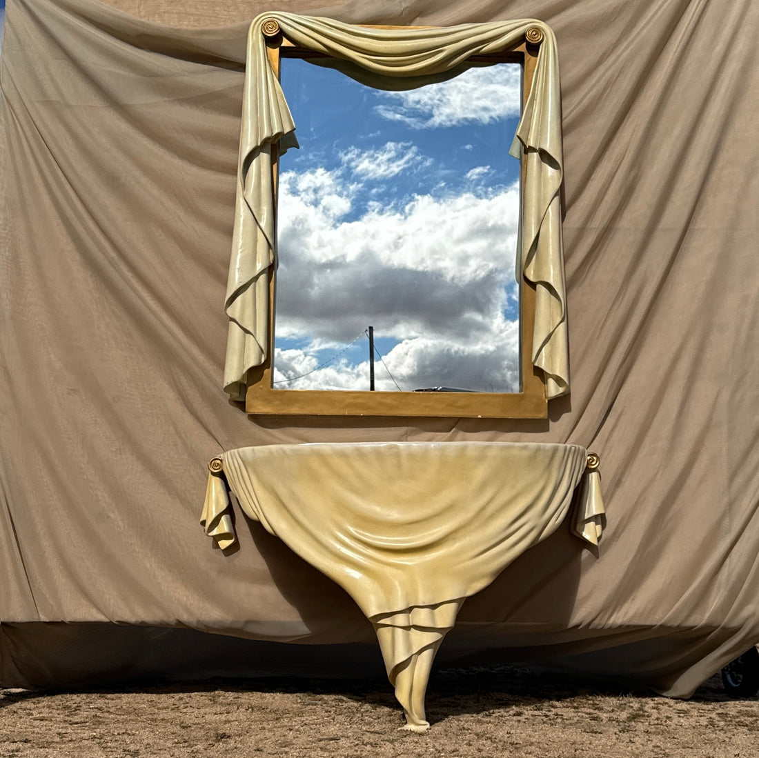 One-Of-A-Kind 1960's Fiberglass & Carved Wood Draped Mirror & Console Set - Monte Visión