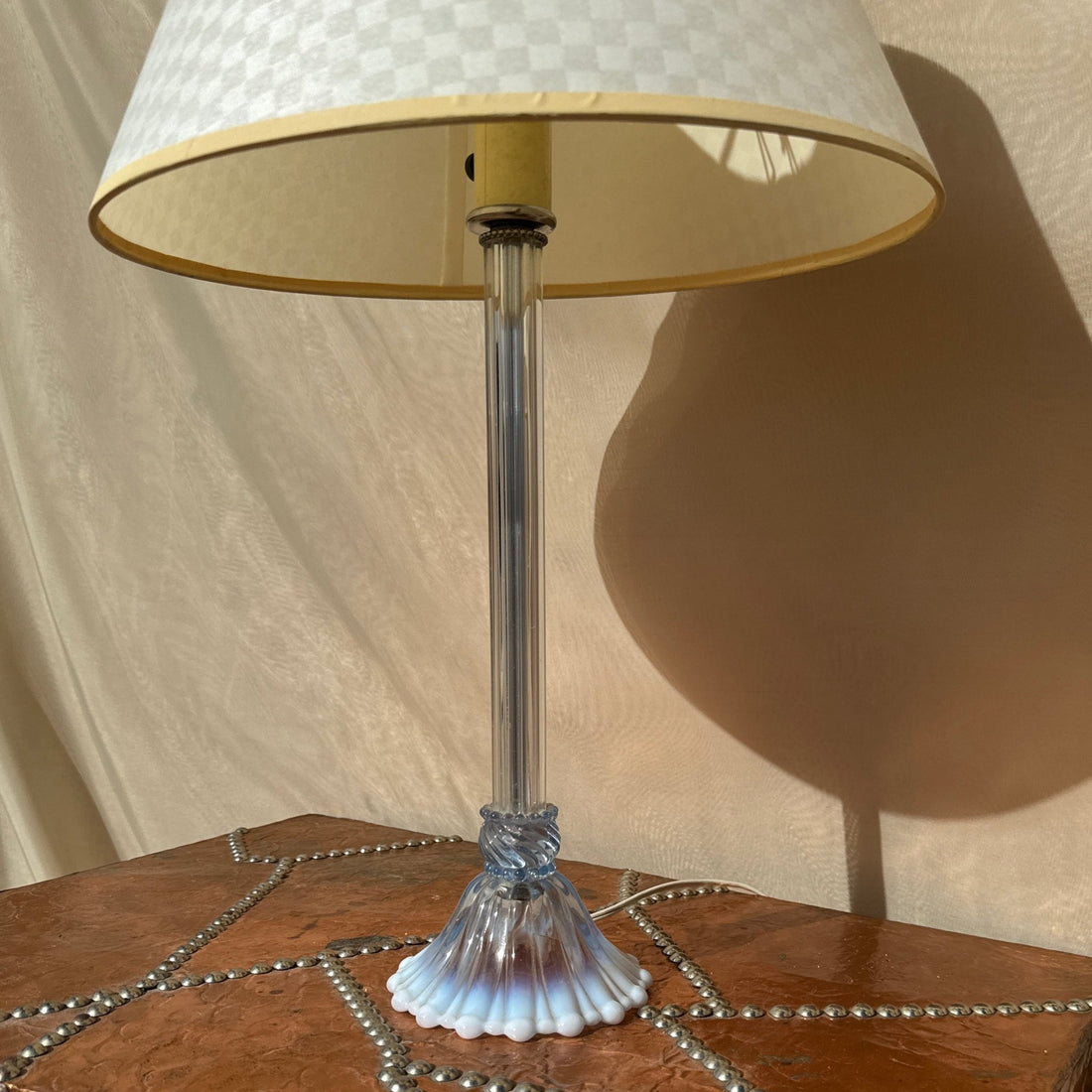 Vintage Lilac Glass Table Lamps w/ Yellow Gingham Shades - Monte Visión