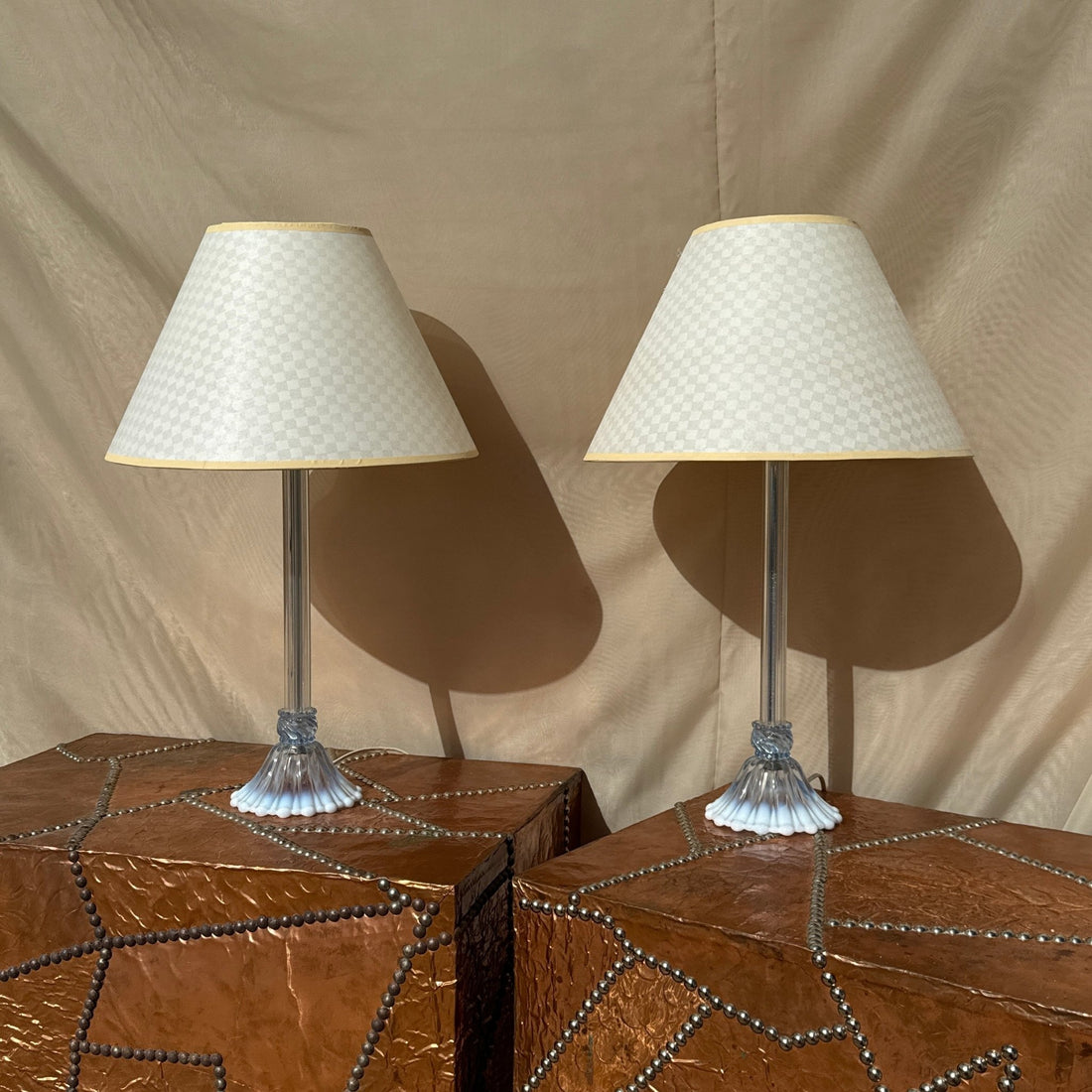 Vintage Lilac Glass Table Lamps w/ Yellow Gingham Shades - Monte Visión