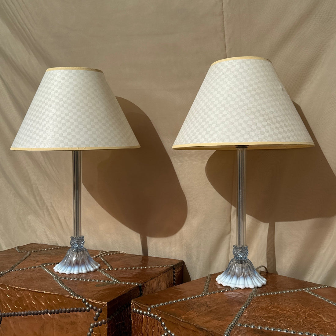 Vintage Lilac Glass Table Lamps w/ Yellow Gingham Shades - Monte Visión