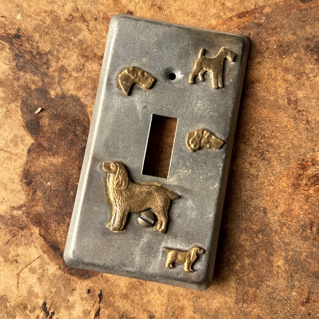 Vintage Metal Lightswitch Plate With Brass Dog Figure Appliques - Monte Visión