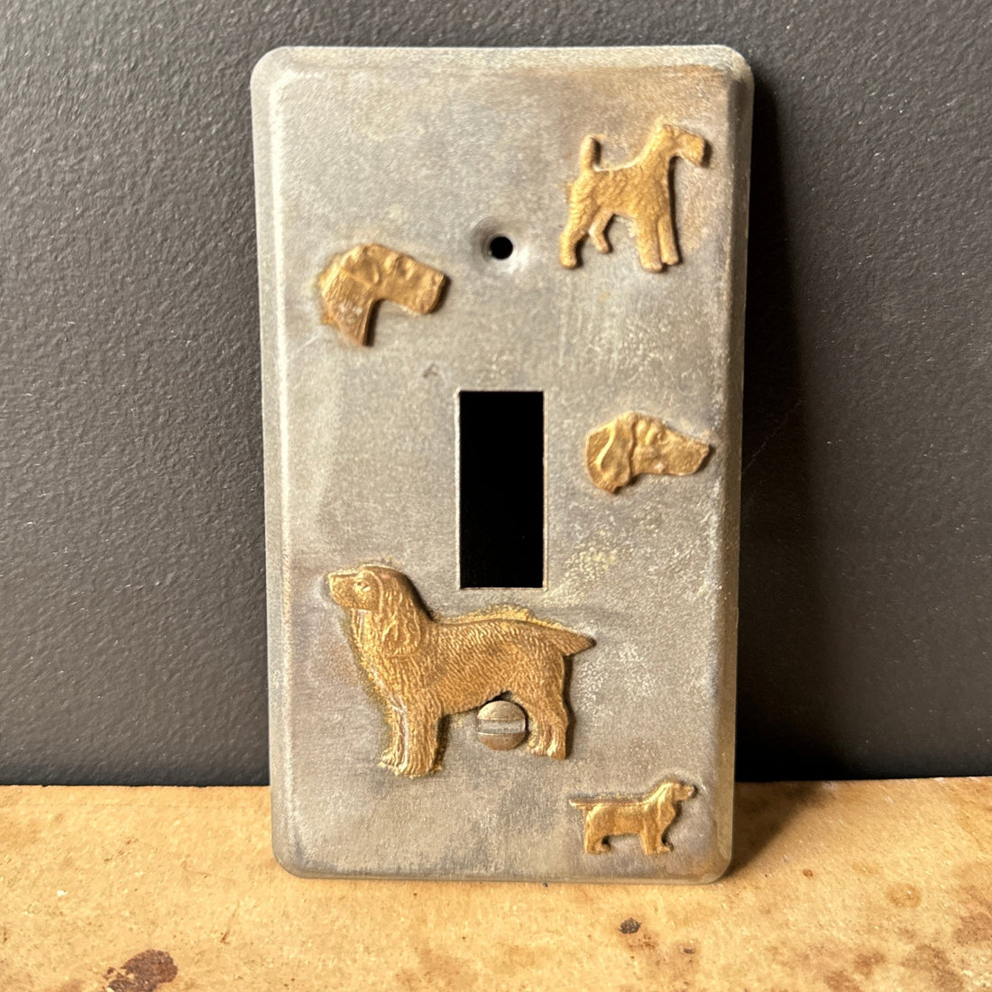 Vintage Metal Lightswitch Plate With Brass Dog Figure Appliques - Monte Visión