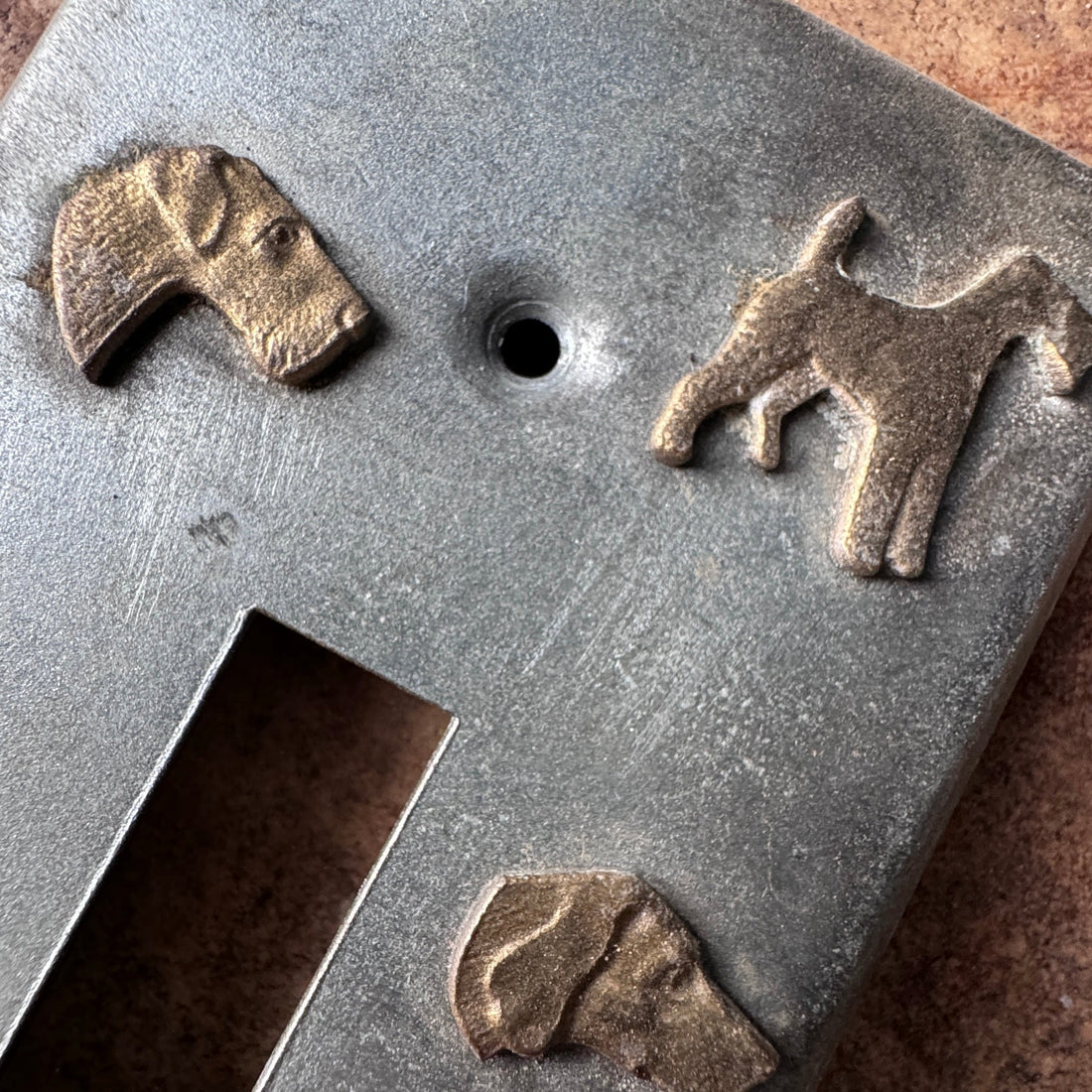 Vintage Metal Lightswitch Plate With Brass Dog Figure Appliques - Monte Visión