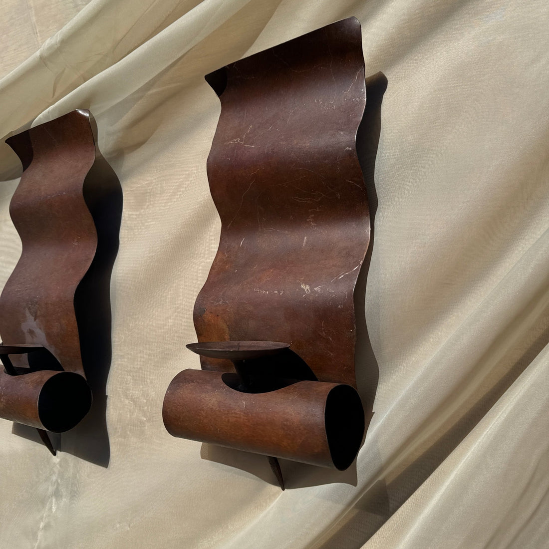 Vintage Mexican Wavy Metal Wall Candle Sconces- Set of 2 - Monte Visión