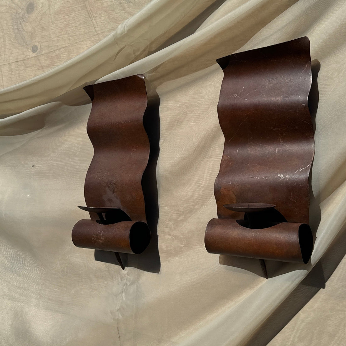 Vintage Mexican Wavy Metal Wall Candle Sconces- Set of 2 - Monte Visión