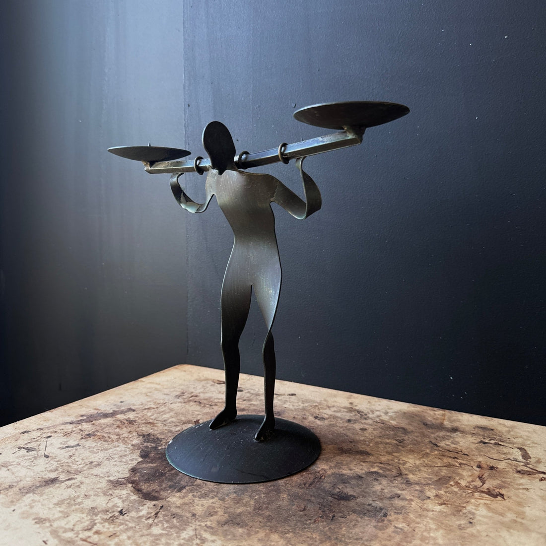Vintage Postmodern Metal Weightlifter Double Candlestick - Monte Visión