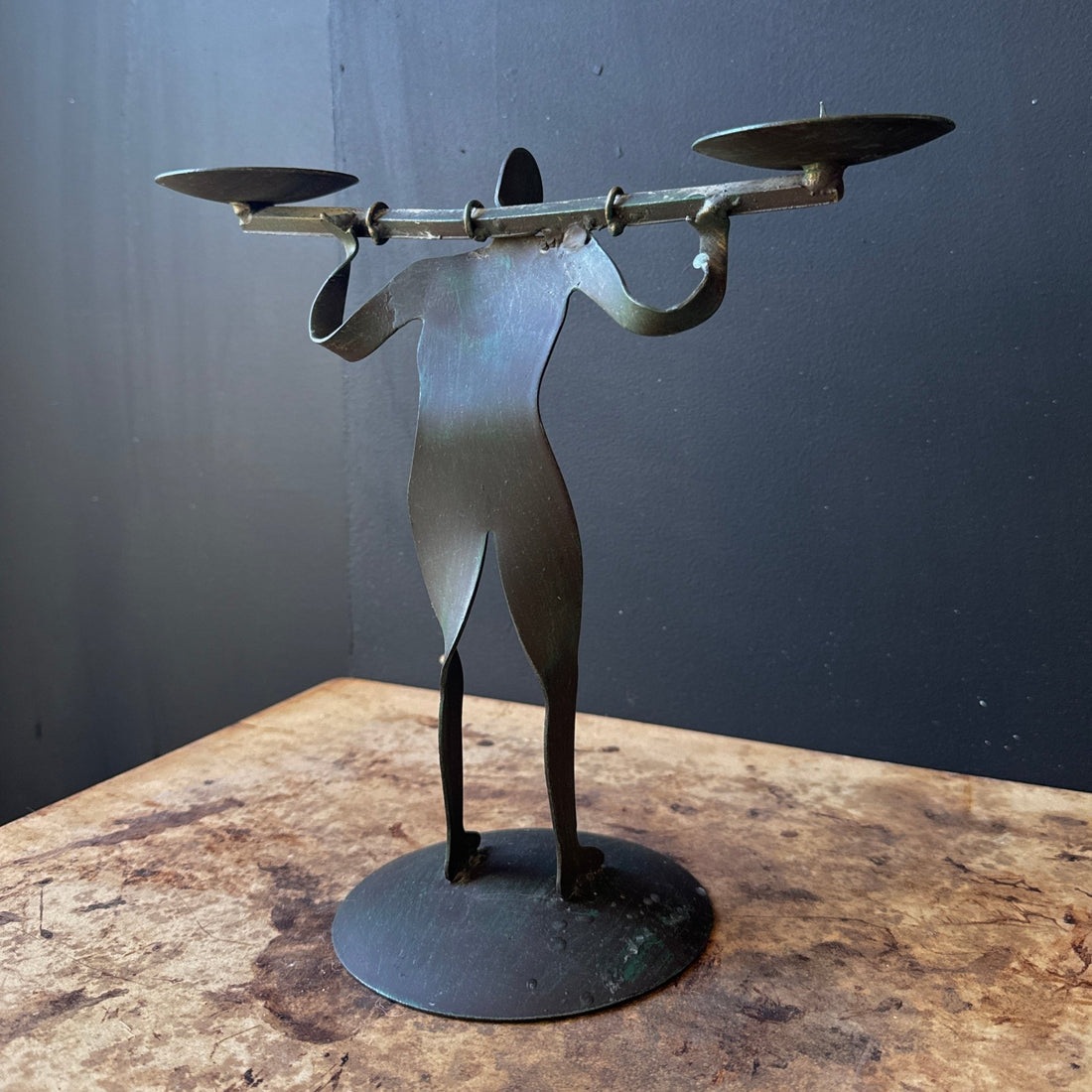 Vintage Postmodern Metal Weightlifter Double Candlestick - Monte Visión