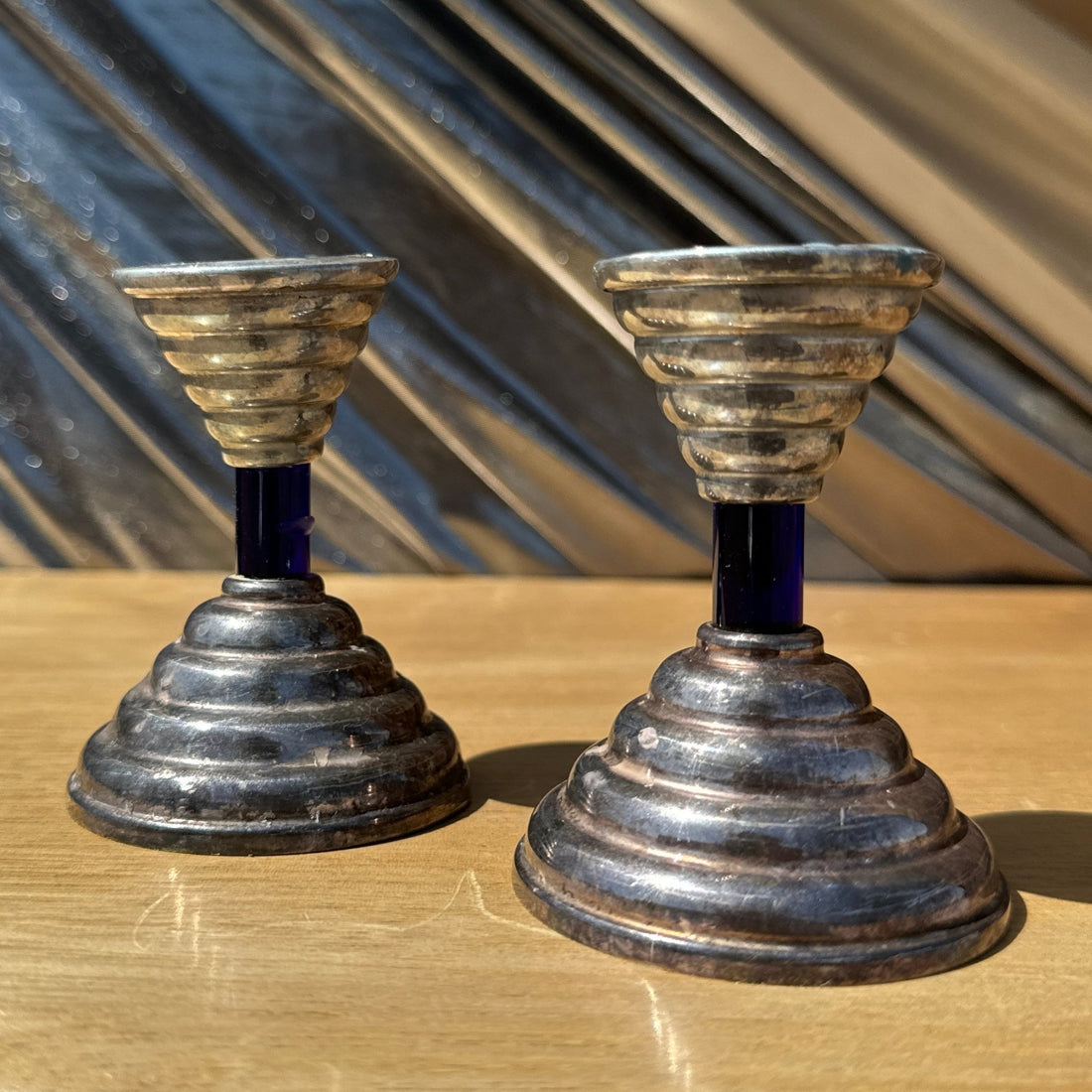 Antique Blue Glass & Silver Metal Ribbed Candlesticks - Monte Visión