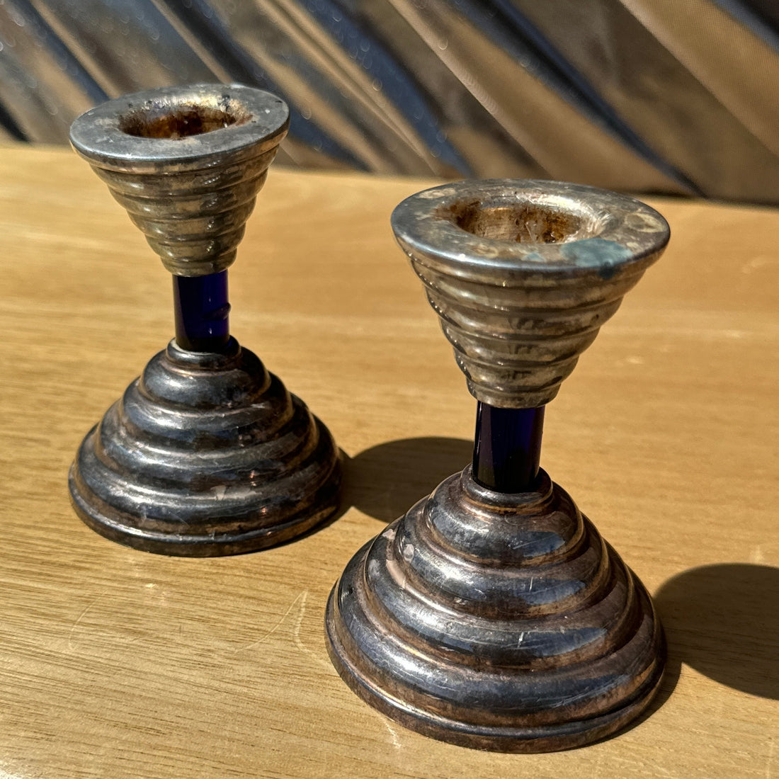 Antique Blue Glass & Silver Metal Ribbed Candlesticks - Monte Visión