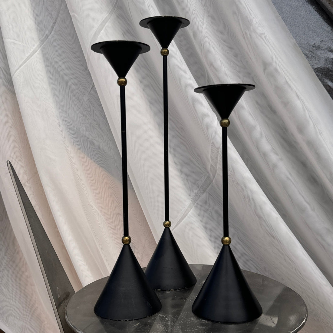 Postmodern Black & Brass Conical Candlestick Trio - Monte Visión