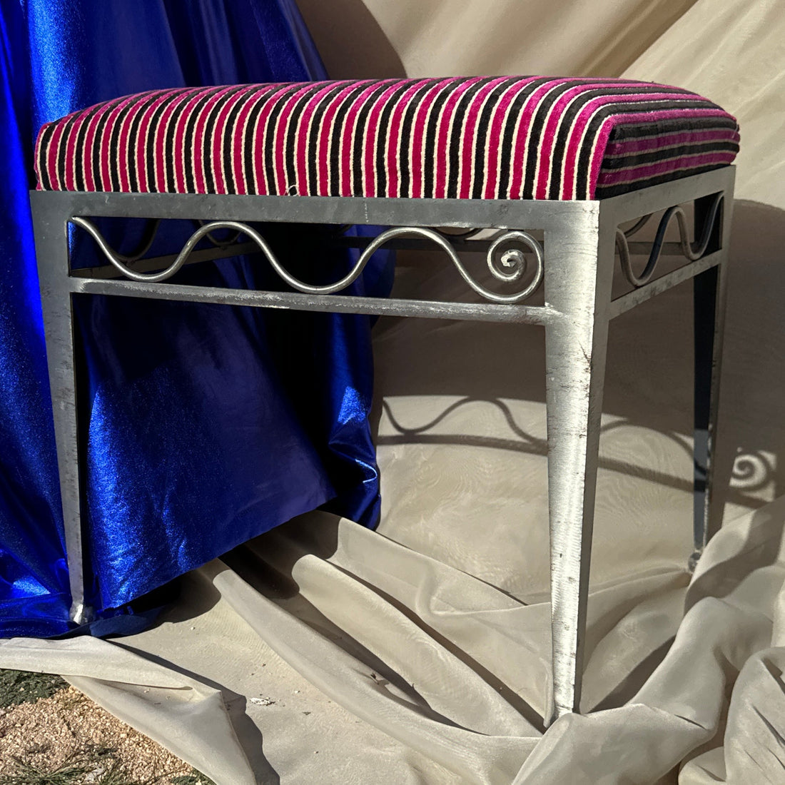 Postmodern Steel Swirl Stool With Striped Velvet Seat - Monte Visión