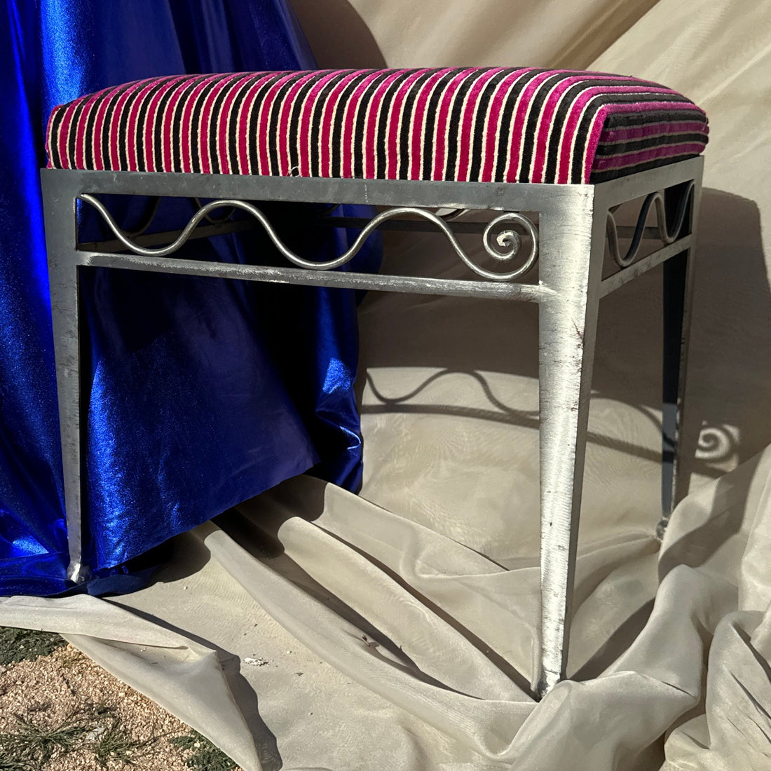 Postmodern Steel Swirl Stool With Striped Velvet Seat - Monte Visión