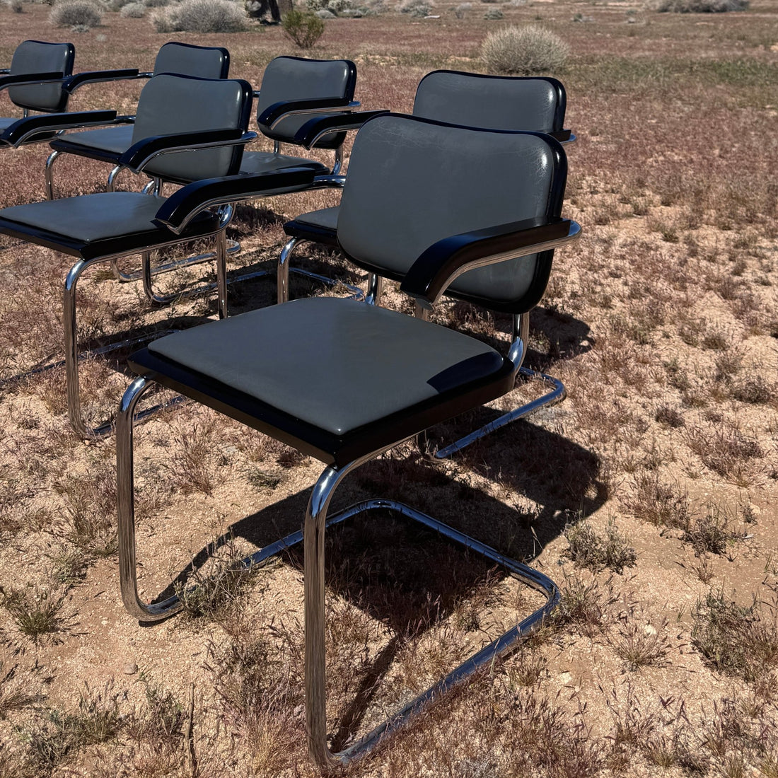 Set of 12 Grey Leather & Black Wood Trim Stendig Cesca Chairs - Monte Visión