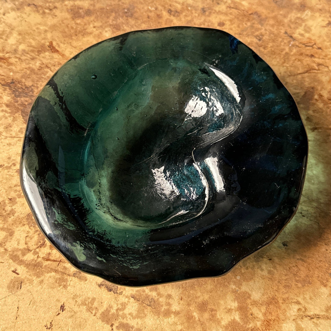 1960's Mid-Century Dark Teal Sculptural Blenko Glass Ashtray - Monte Visión