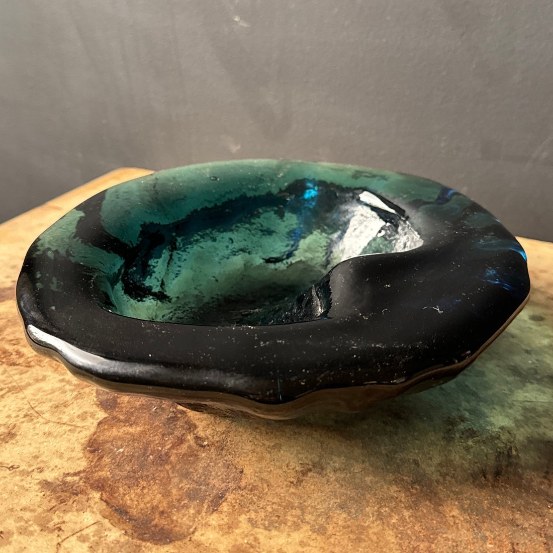 1960's Mid-Century Dark Teal Sculptural Blenko Glass Ashtray - Monte Visión