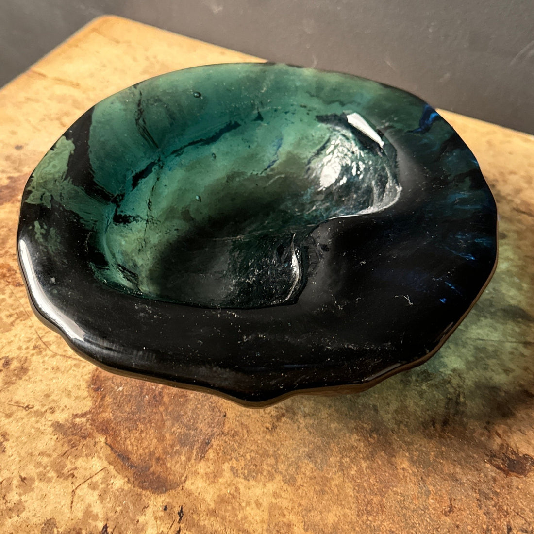 1960's Mid-Century Dark Teal Sculptural Blenko Glass Ashtray - Monte Visión