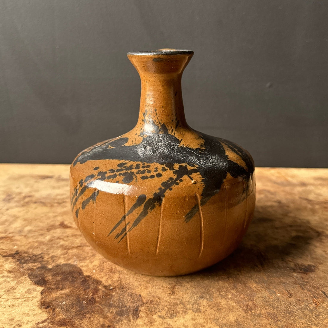 1970's Glazed Brown & Black Signed Weedpot - Monte Visión