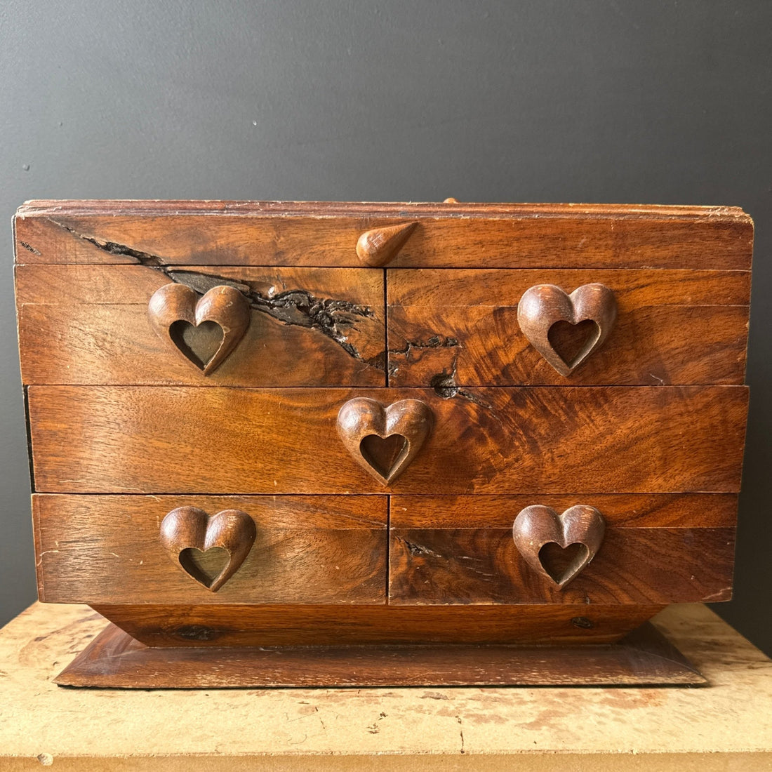 1980's Large Handmade Wood Jewelry Case w/ Heart Details - Monte Visión