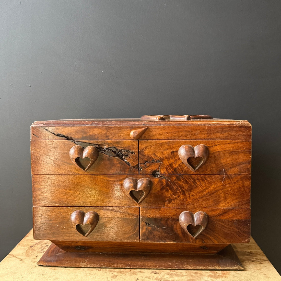 1980's Large Handmade Wood Jewelry Case w/ Heart Details - Monte Visión