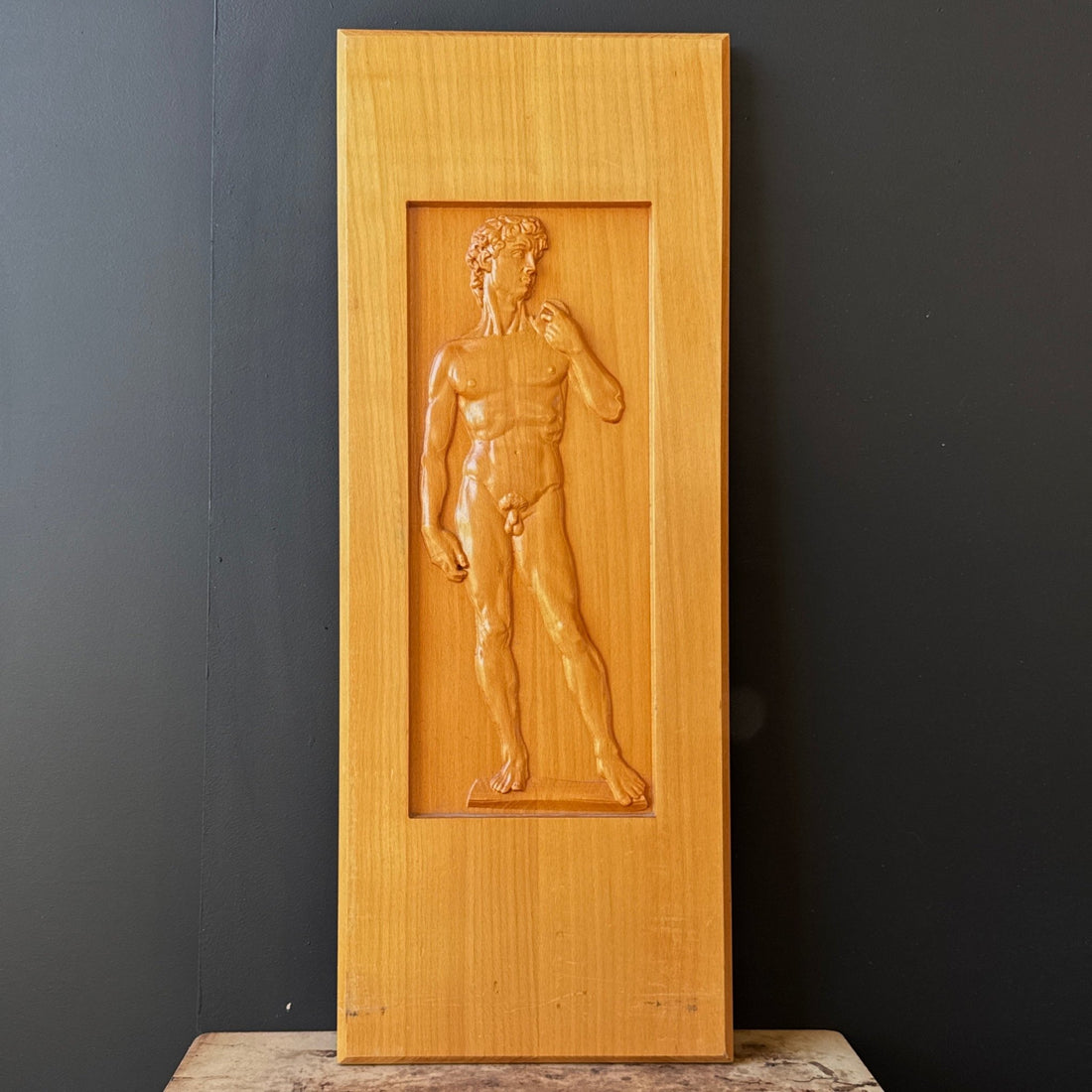 1980's Laser-Cut 3D Oak Wood Michelangelo David Art Panel - Monte Visión