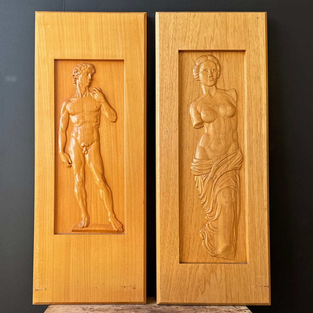 1980's Laser-Cut 3D Oak Wood Michelangelo David Art Panel - Monte Visión