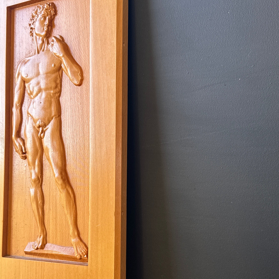 1980's Laser-Cut 3D Oak Wood Michelangelo David Art Panel - Monte Visión