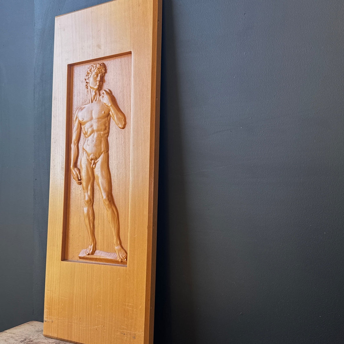 1980's Laser-Cut 3D Oak Wood Michelangelo David Art Panel - Monte Visión