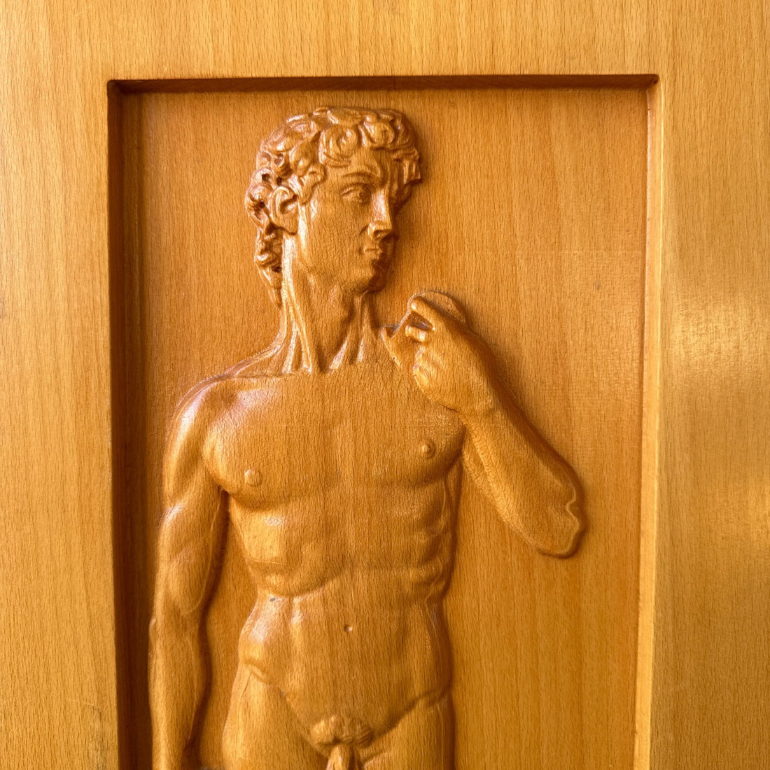 1980's Laser-Cut 3D Oak Wood Michelangelo David Art Panel - Monte Visión