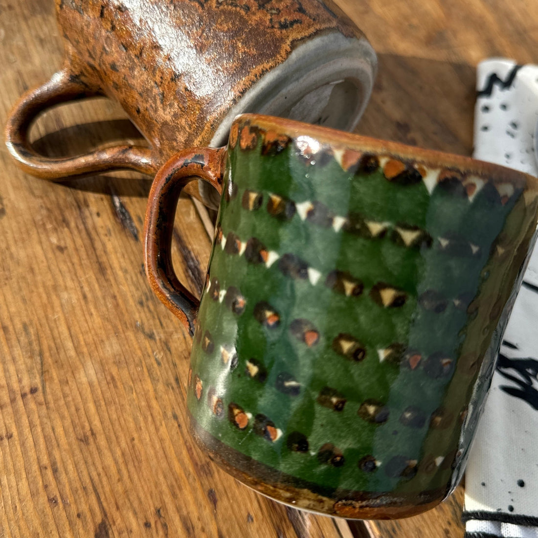 1990's Mexican Green & Brown Handmade Mugs- Set of 2 - Monte Visión