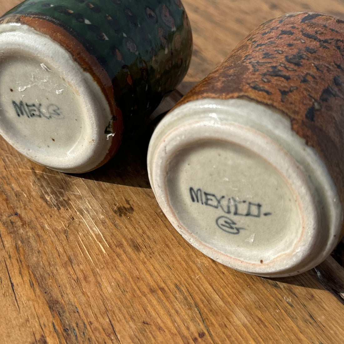 1990's Mexican Green & Brown Handmade Mugs- Set of 2 - Monte Visión