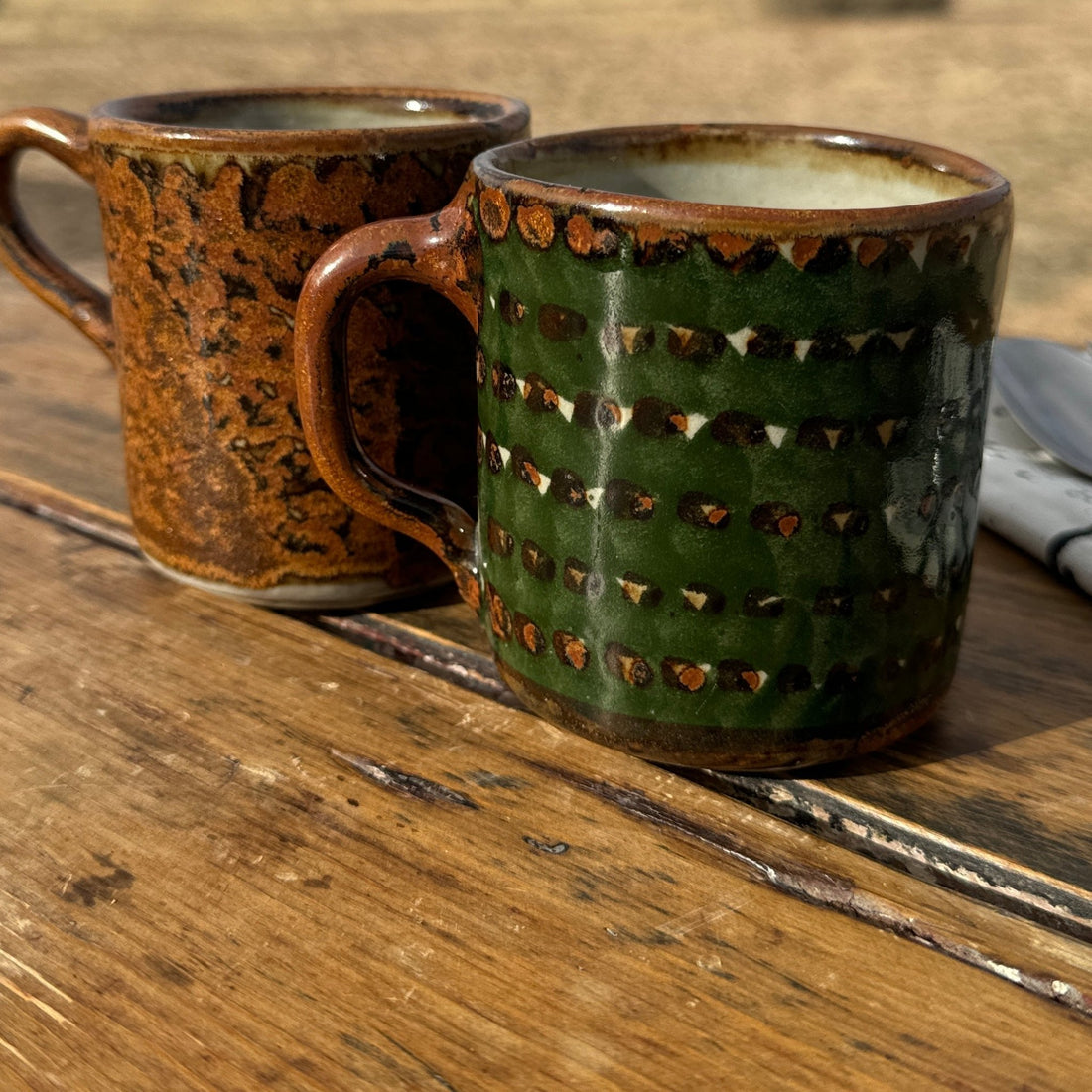 1990's Mexican Green & Brown Handmade Mugs- Set of 2 - Monte Visión