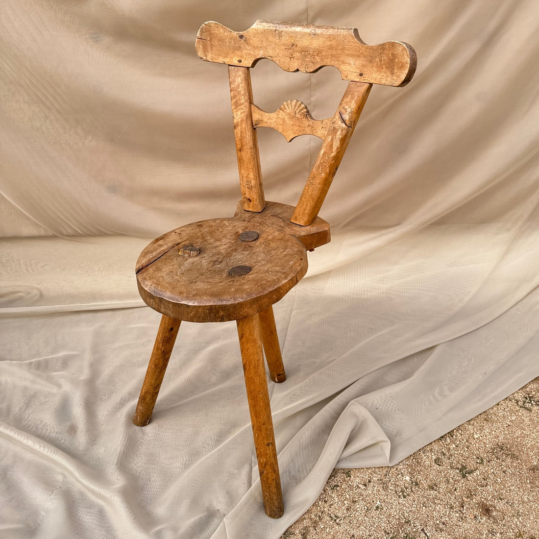 Antique Hand-Made Rustic 3-Legged Wood Chair - Monte Visión